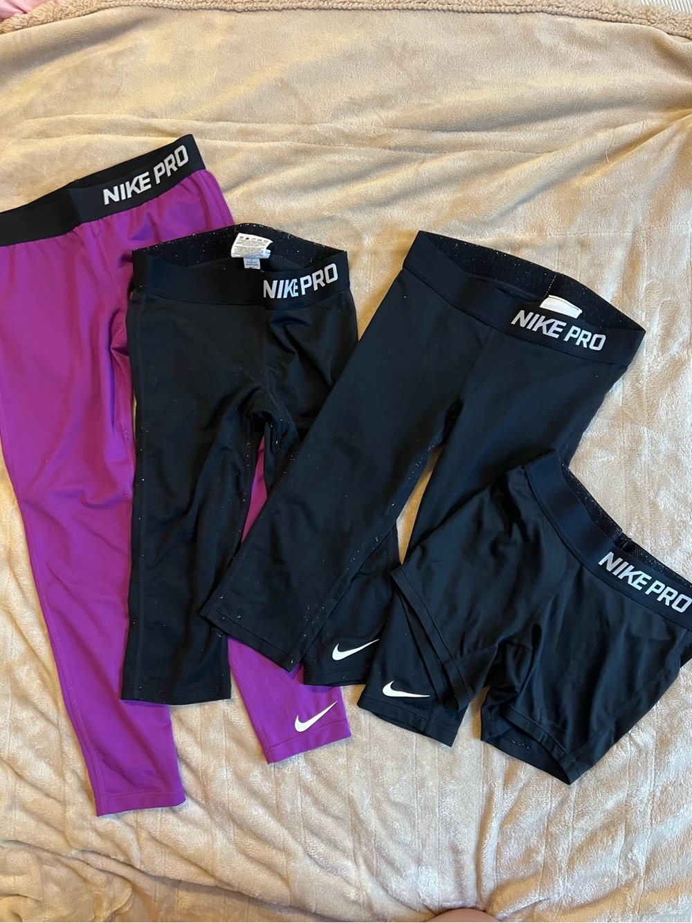 Lot of 4 Nike Pro Kids - 2 Black capris & black shorts and Purple leggings Small